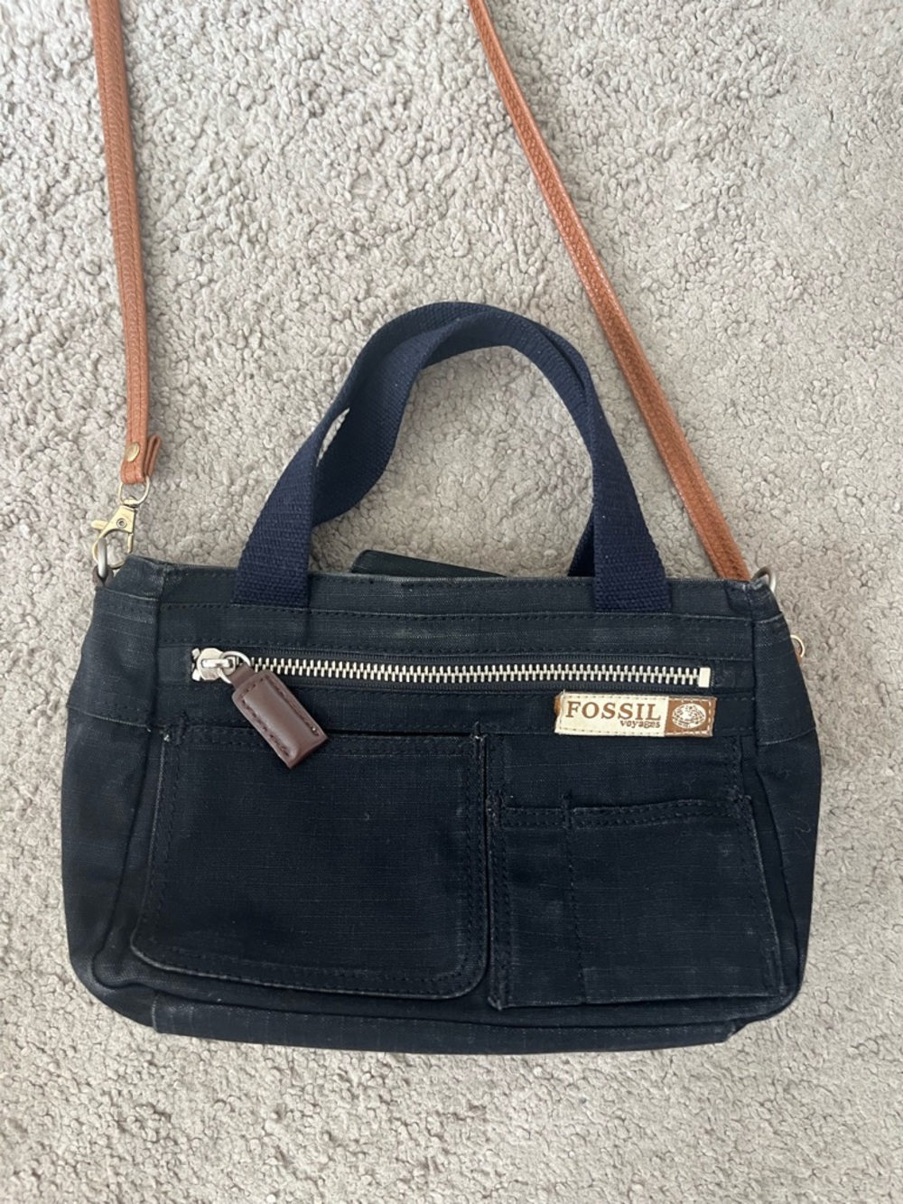 Fossil Black Canvas Crossbody with Tan Strap